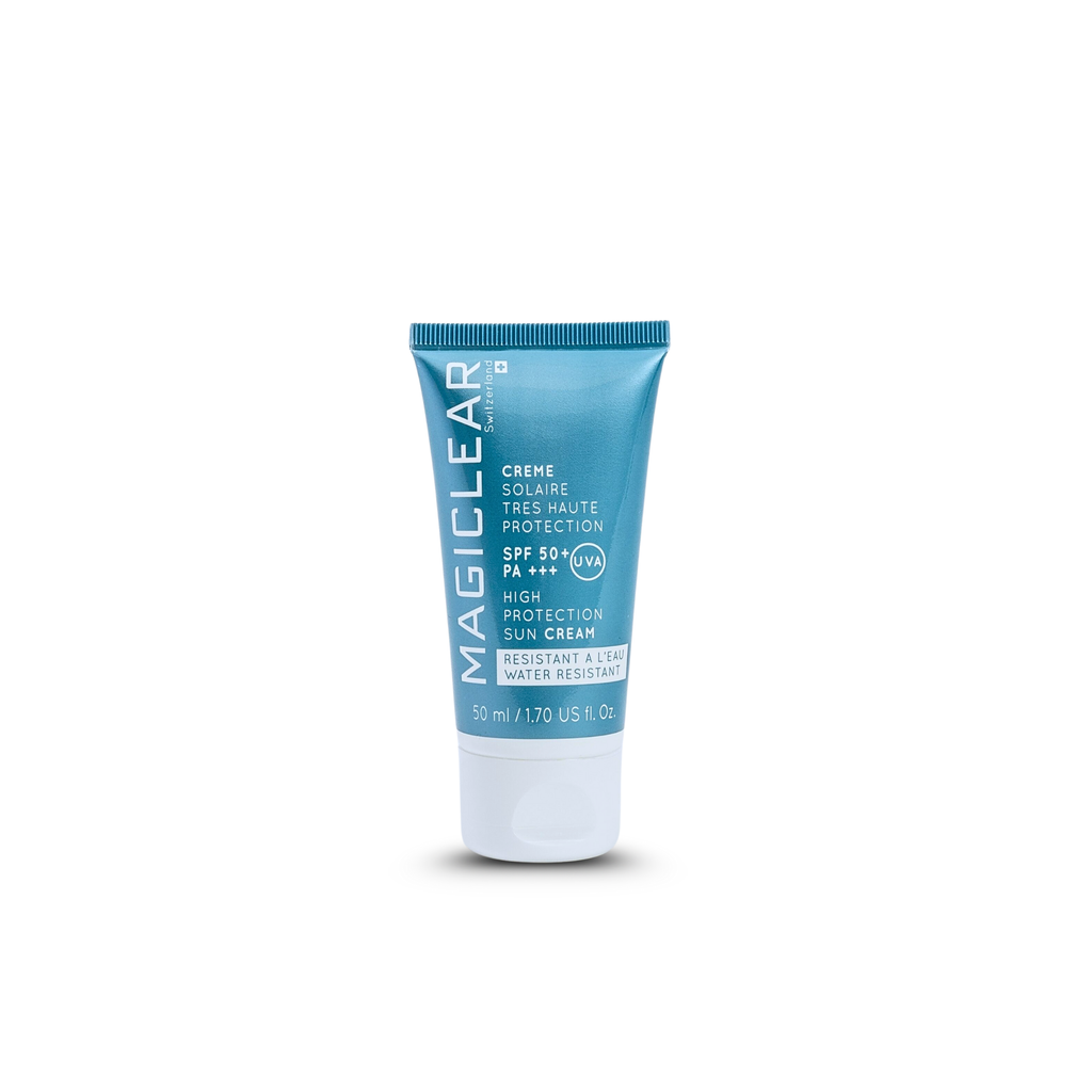 Creme solaire tres haute protection SPF 50+ PA+++ Magiclear Suisse, ecran solaire visage, protection UVA UVB, France