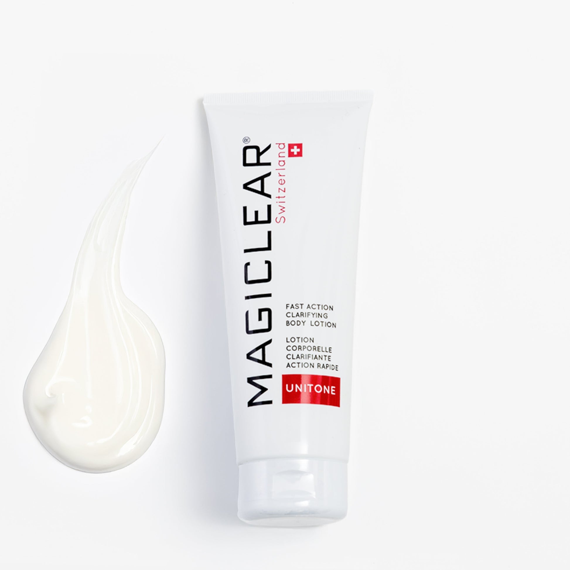 Lotion corporelle clarifiante Magiclear Suisse action rapide, unifie le teint, atténue taches brunes, soin corps en France