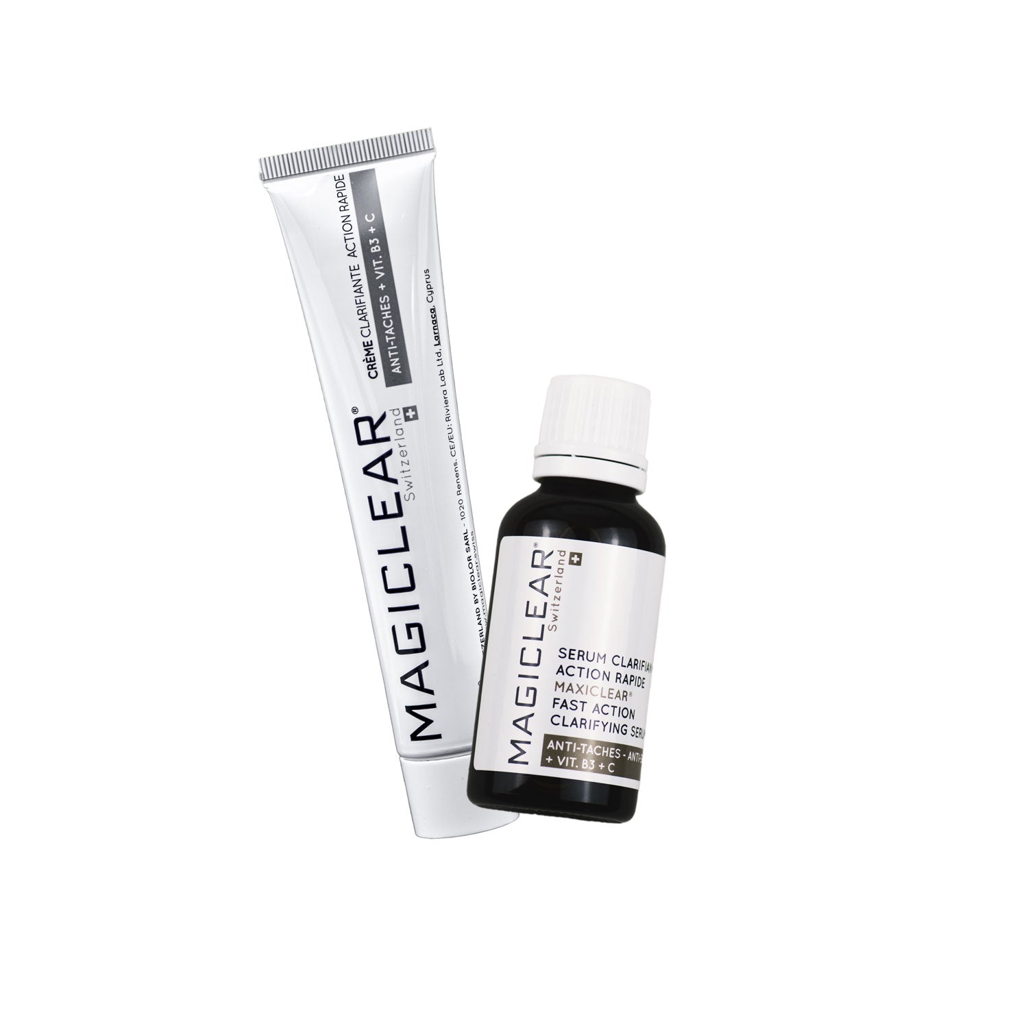 Pack duo Magiclear serum clarifiant + creme clarifiante action rapide, soin anti-taches visage, produits suisses en France